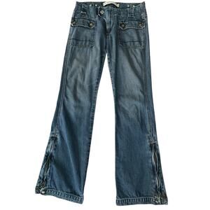 Express Vintage Y2K Low Rise Flare Jeans Zip Hem Utility Flap Pocket Boho Casual